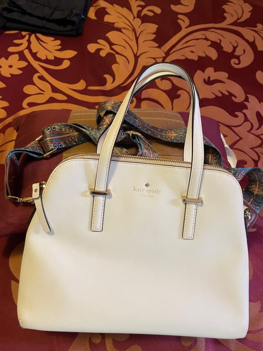 kate spade white saffiano leather satchel with patterned blue-brown strap